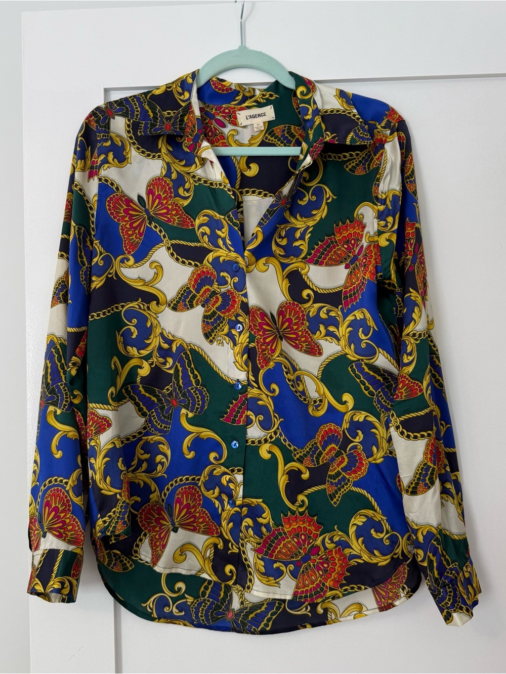L'AGENCE Men's Printed Silk-Blend Shirt in Blue, Green, White with Gold Accents